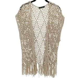 Boho Crochet Cardigan Womens Small‎ Ivory Fringe Bajee Collection Open Western